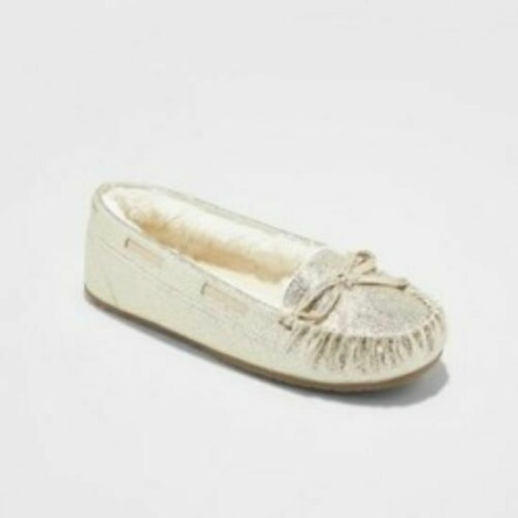 gold moccasin slippers